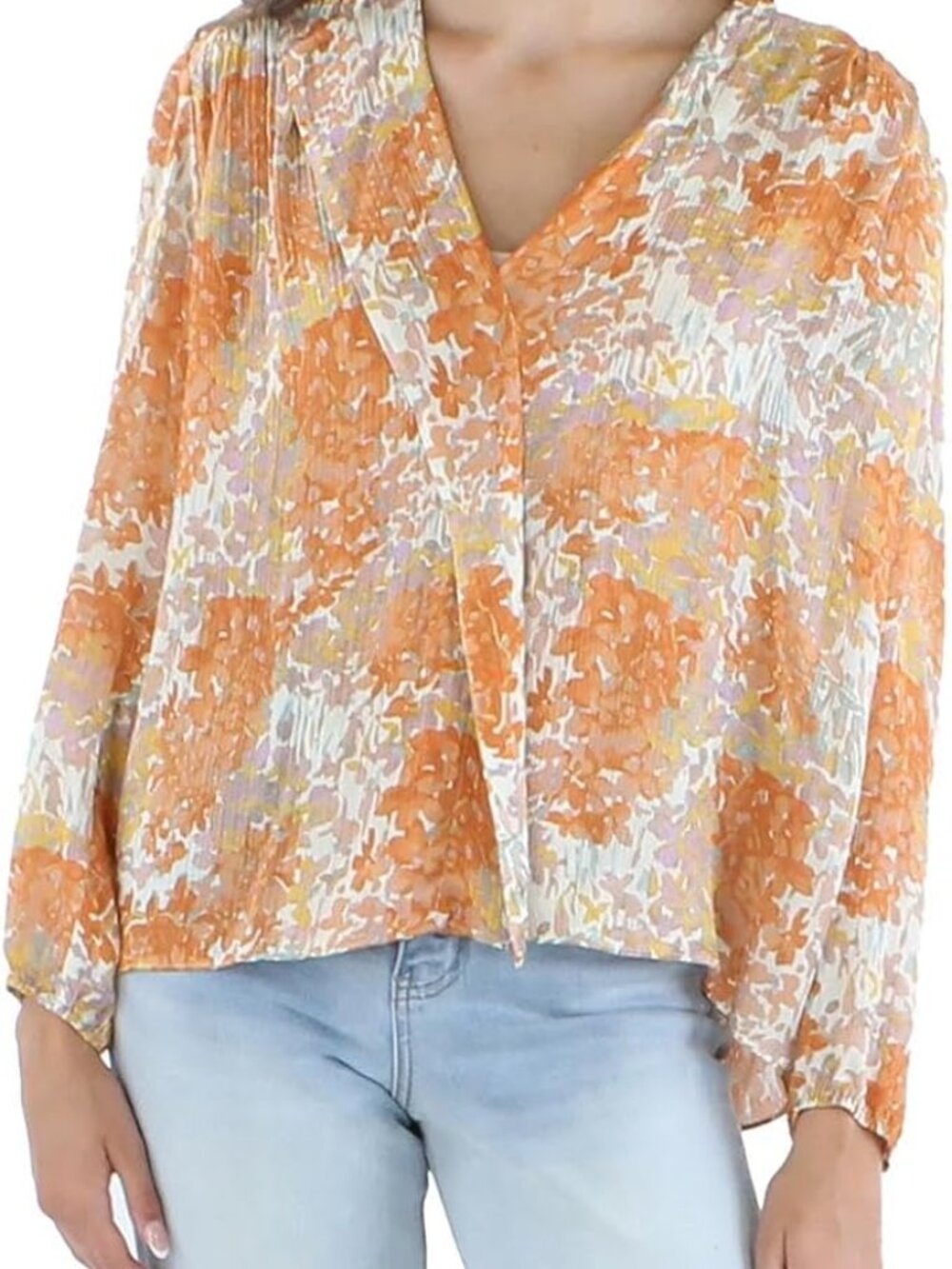 Vince Garden Shirred Silk Blouse Peach Orange Cream Size Small